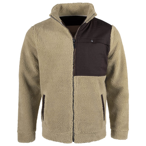 The Men's Acadian Jacket as viewed from the front. This full-zip Sherpa jacket is a light khaki color and features a contrast ripstop panel with snap-access pocket at the wearer's left chest in dark brown.