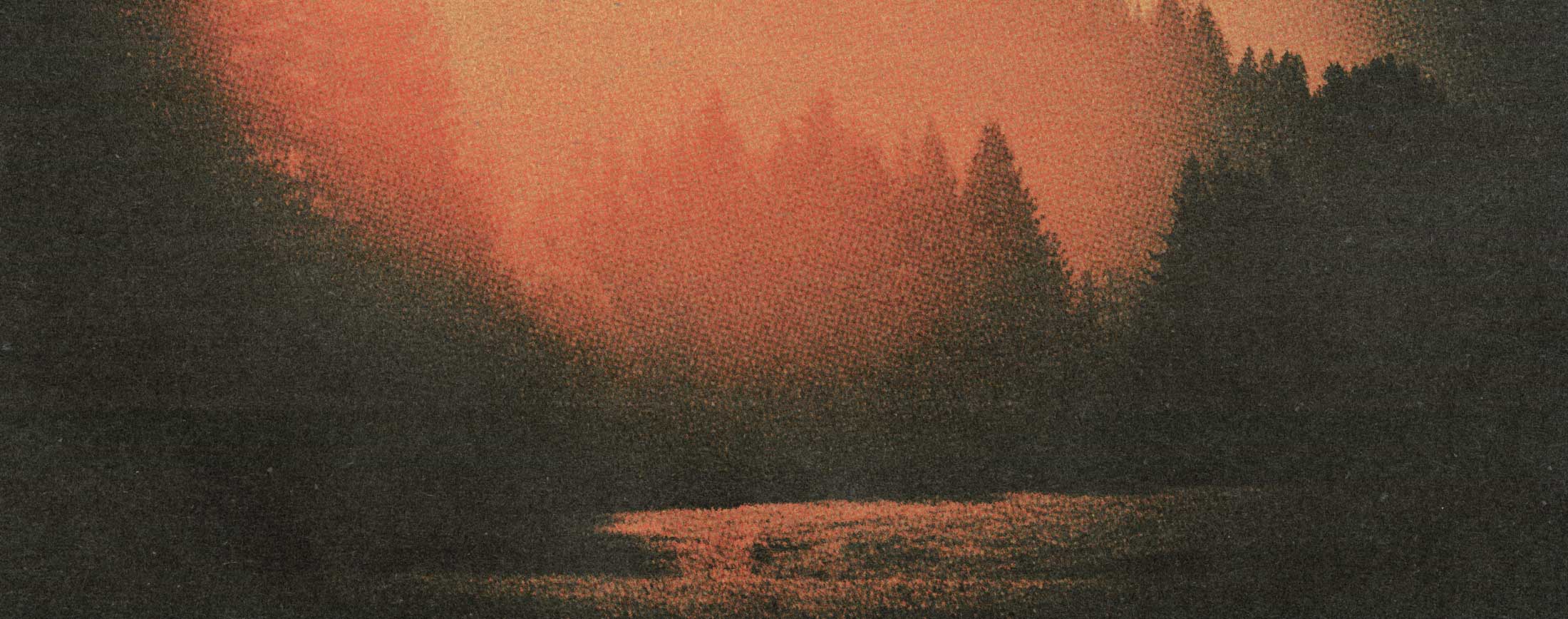 A moody landscape print featuring a silhouetted pine forest and a reflective body of water under a warm orange and reddish sky.