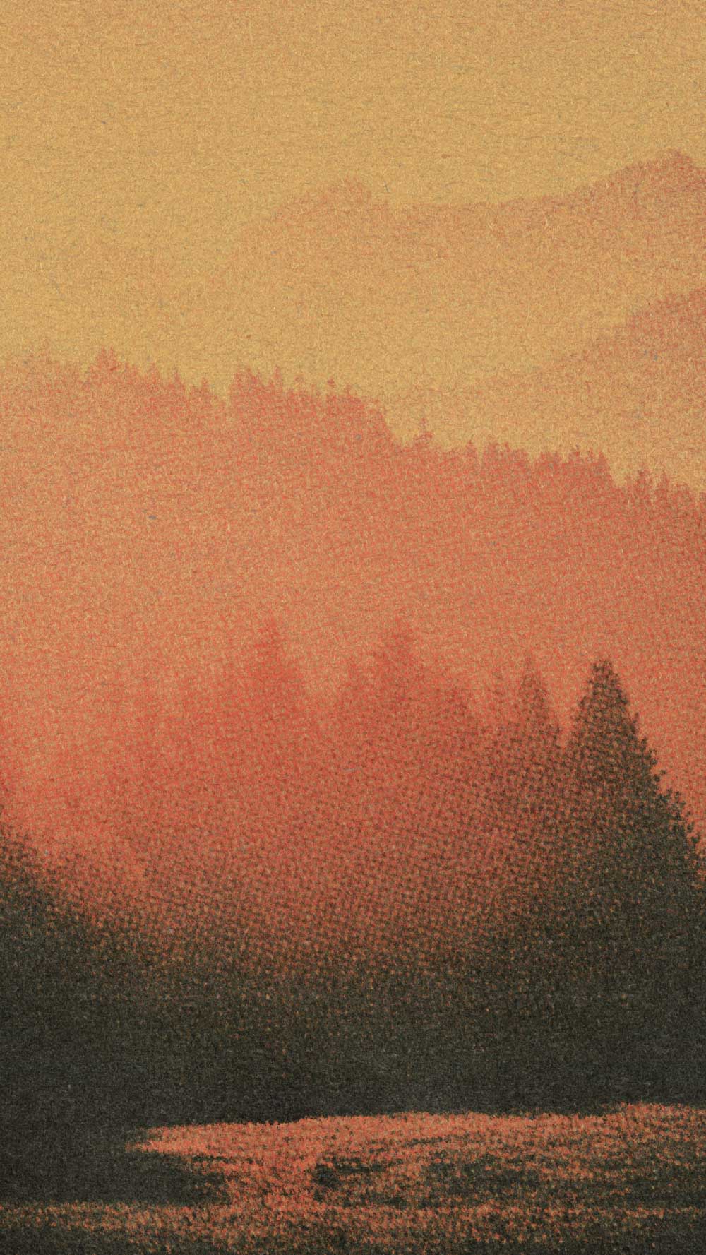 A textured landscape art print depicting layers of misty pine forests and mountains under a warm golden-orange sky.