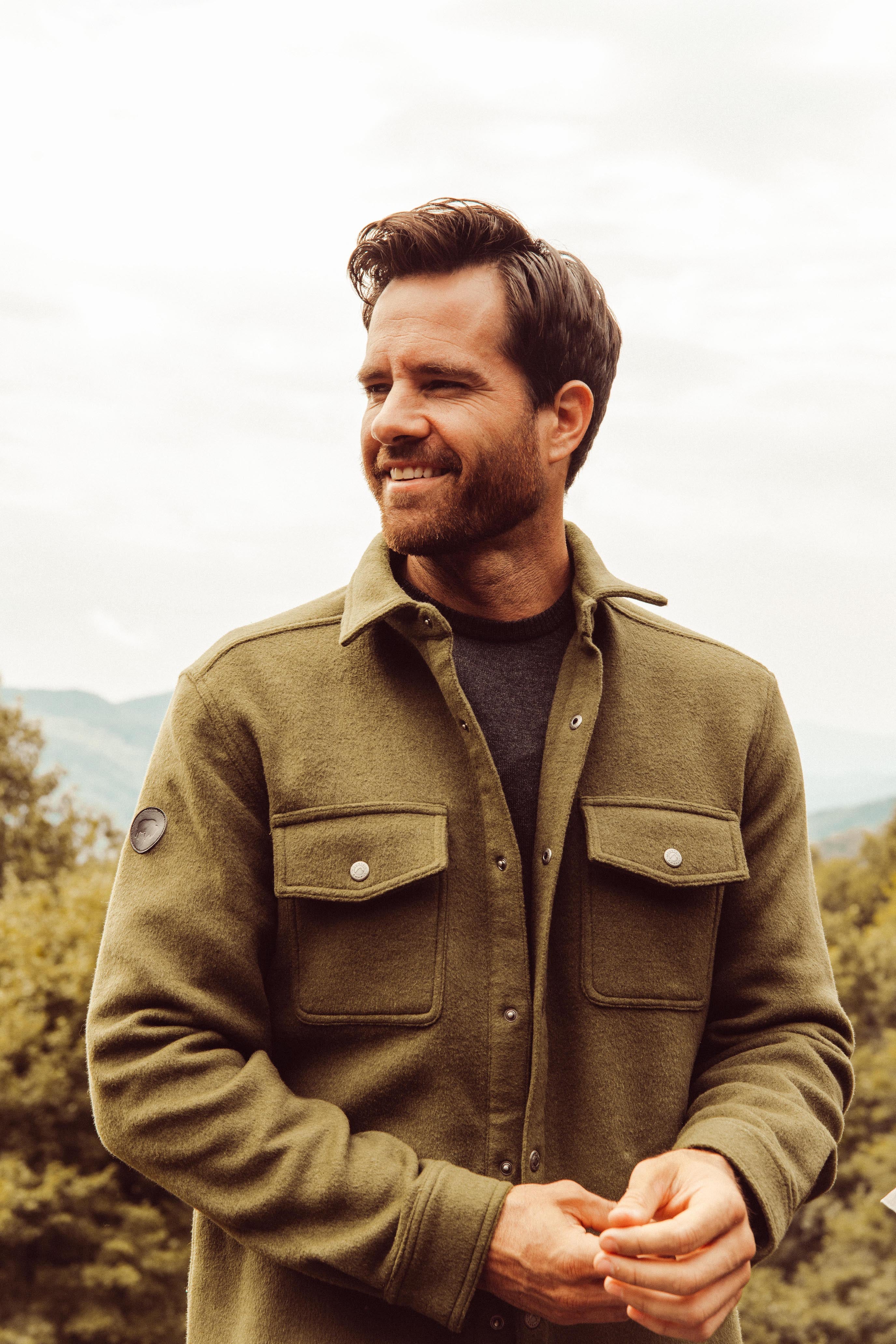Man wearing Dover Wool Shirtjac staying outdoor