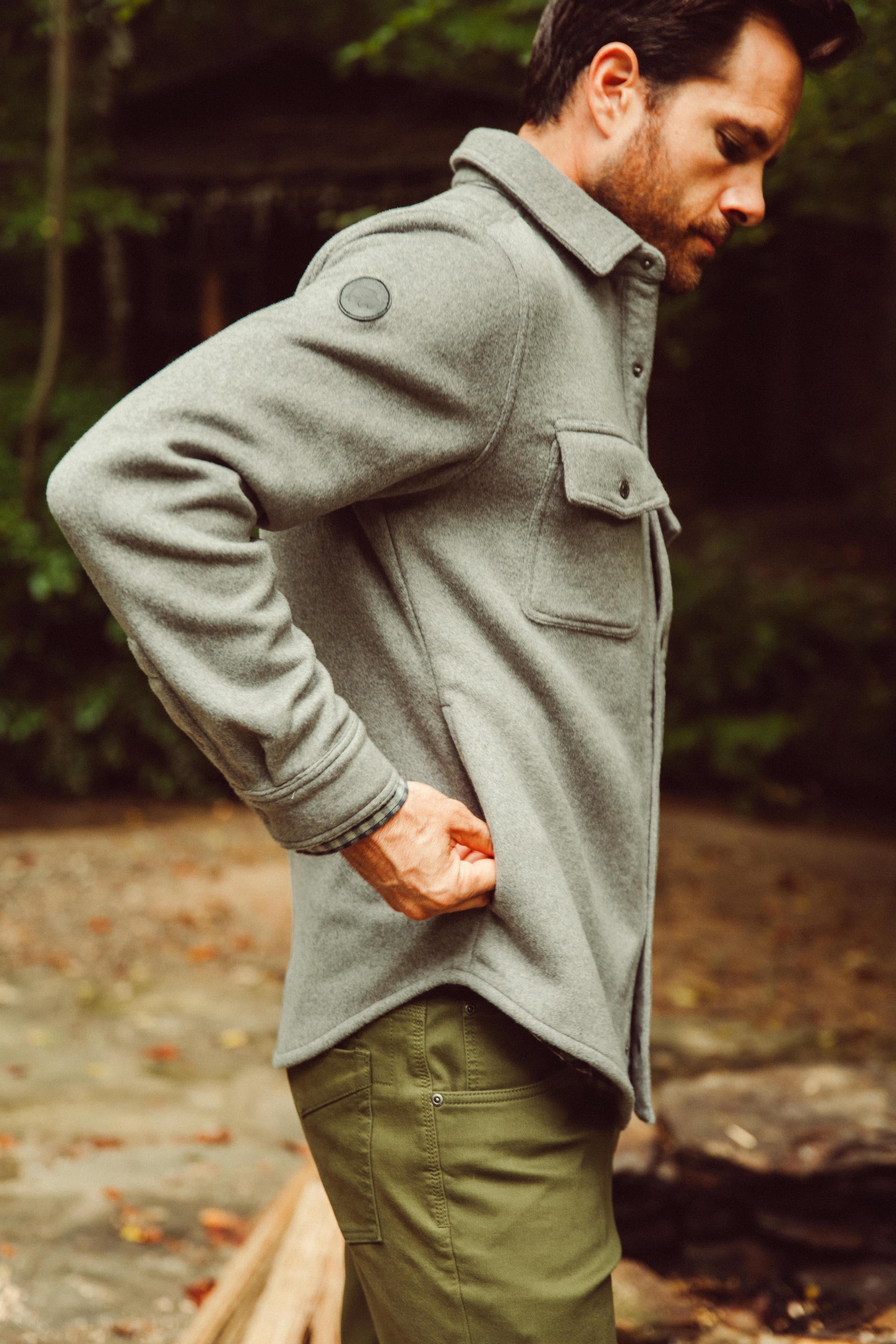Man wearing Dover Wool Shirtjac staying outdoor