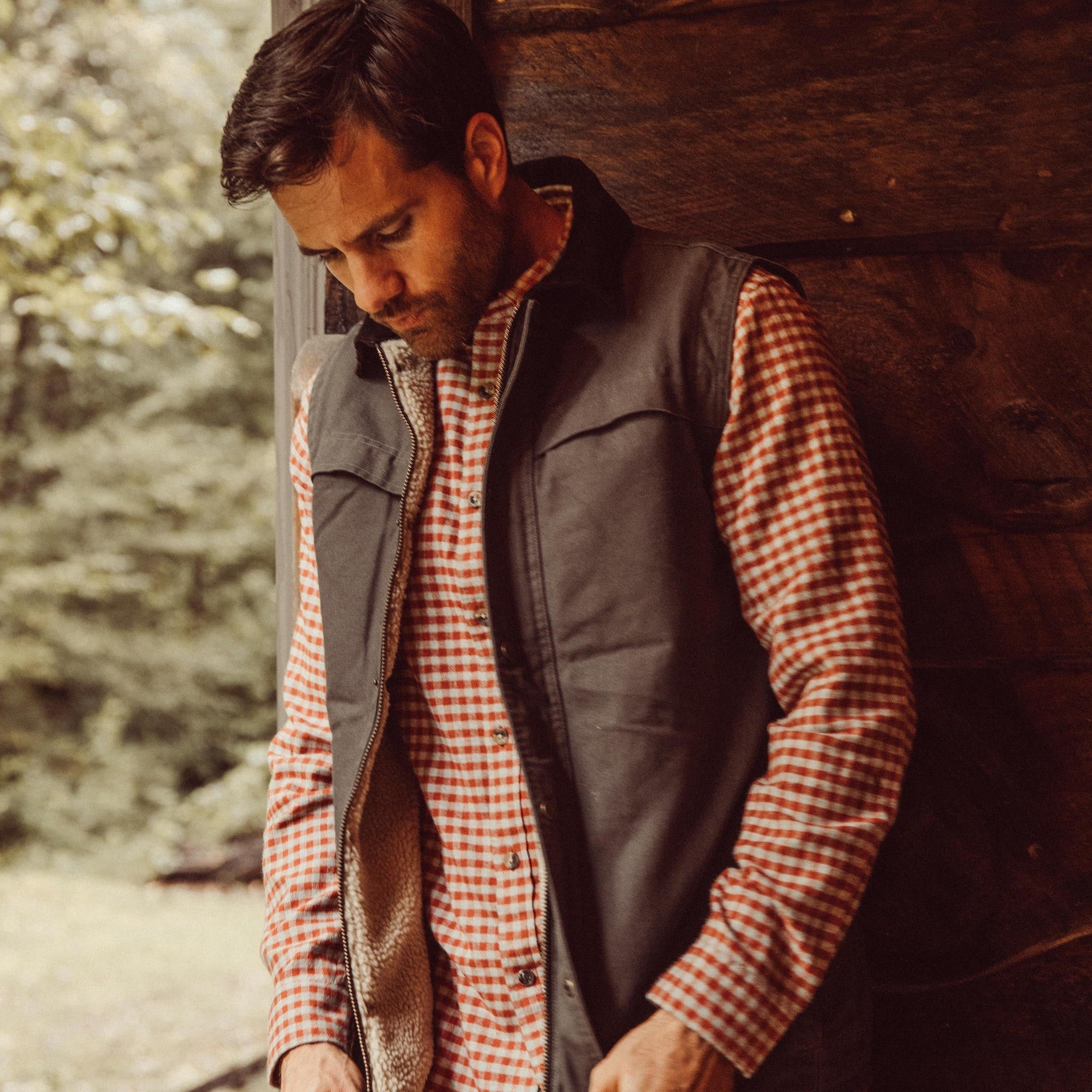Man wearing Downtown Flannel Shirt standing outside