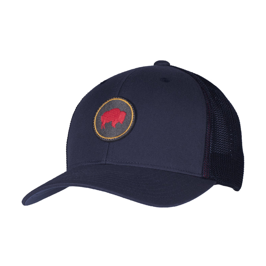 Trucker-style hat with navy blue brim and front panels and a navy blue mesh back