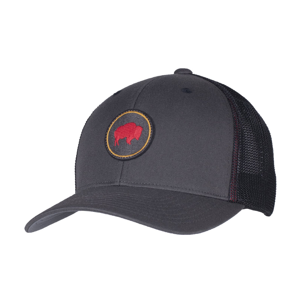 Trucker-style hat with charcoal gray brim and front panels and a black mesh back