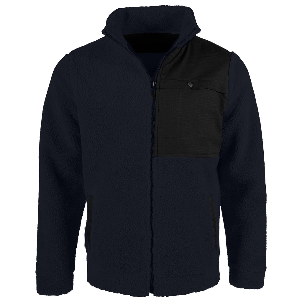 The Men's Acadian Jacket as viewed from the front. This full-zip Sherpa jacket is a navy blue color and features a contrast ripstop panel with snap-access pocket at the wearer's left chest in black.