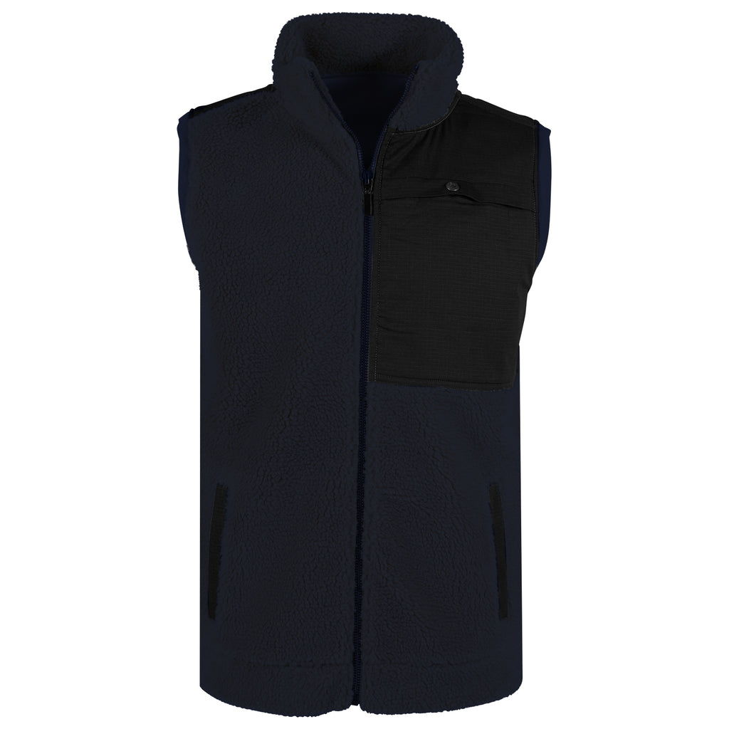 The men's Sherpa Acadian vest as viewed from the front. This full-zip vest is a navy blue color and features a contrast ripstop panel with a snap-access pocket at the wearer's left chest in black.