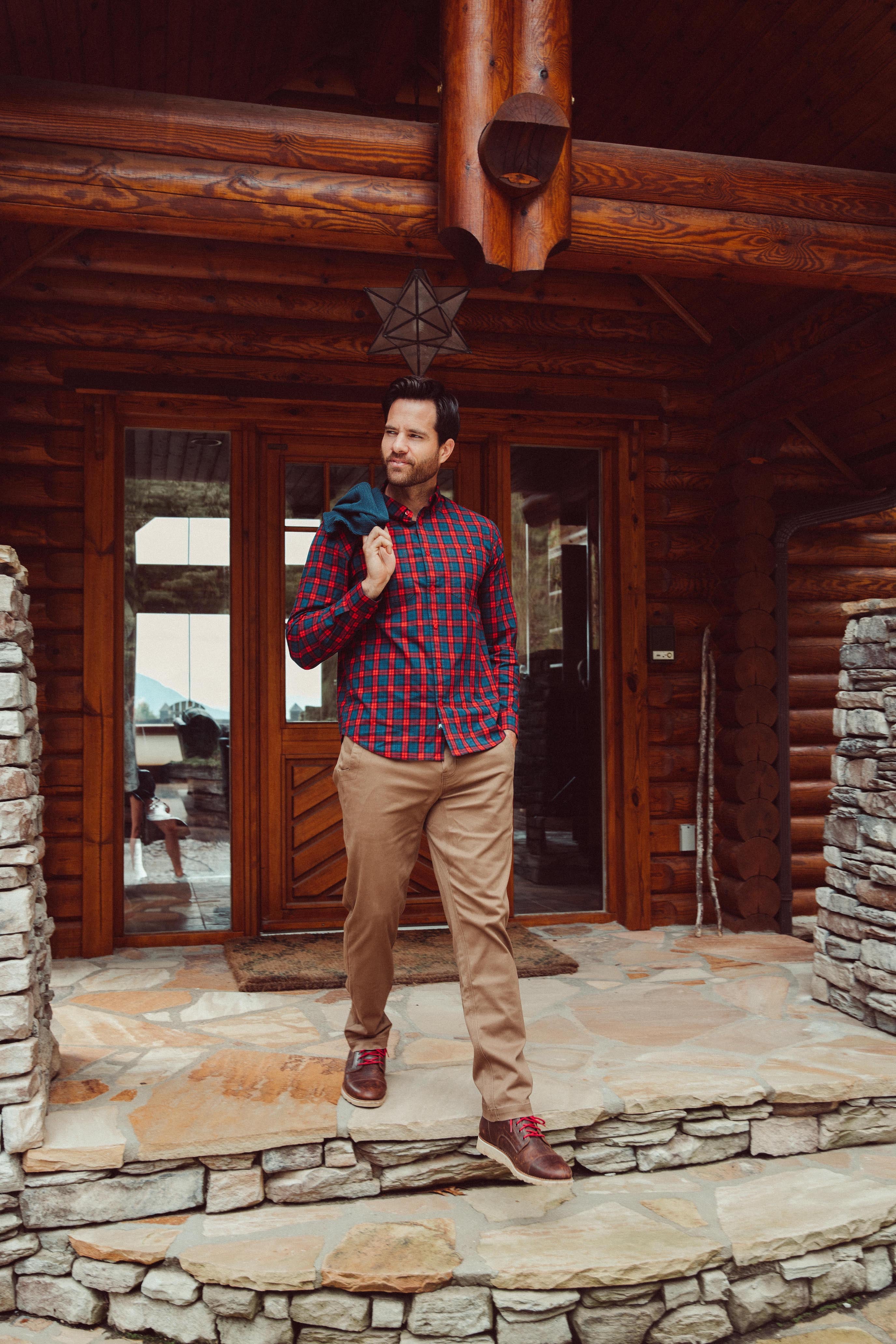 Man wearing Alden Long Sleeve Woven Shirt walking out 