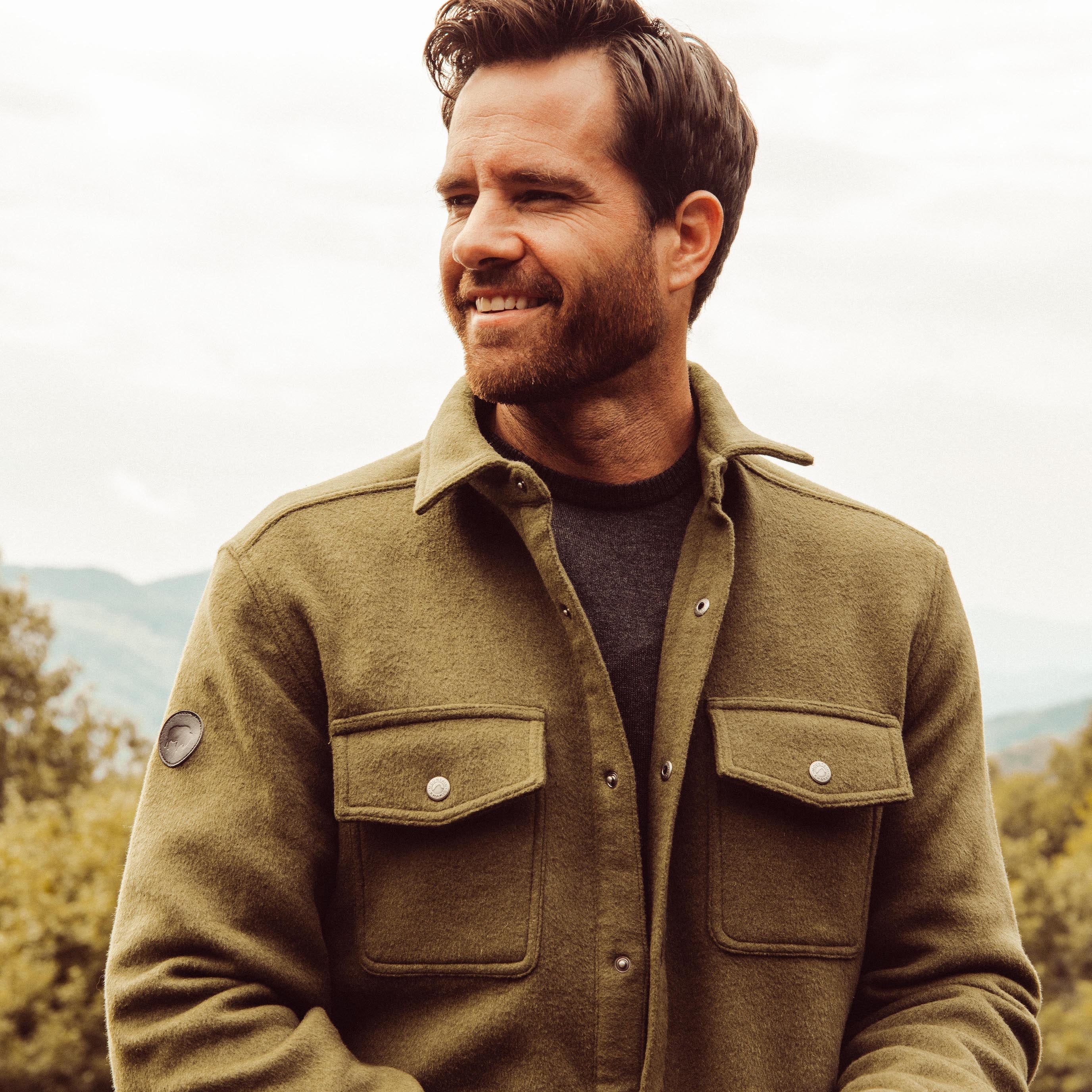 Man wearing Dover Wool Shirtjac staying outdoor