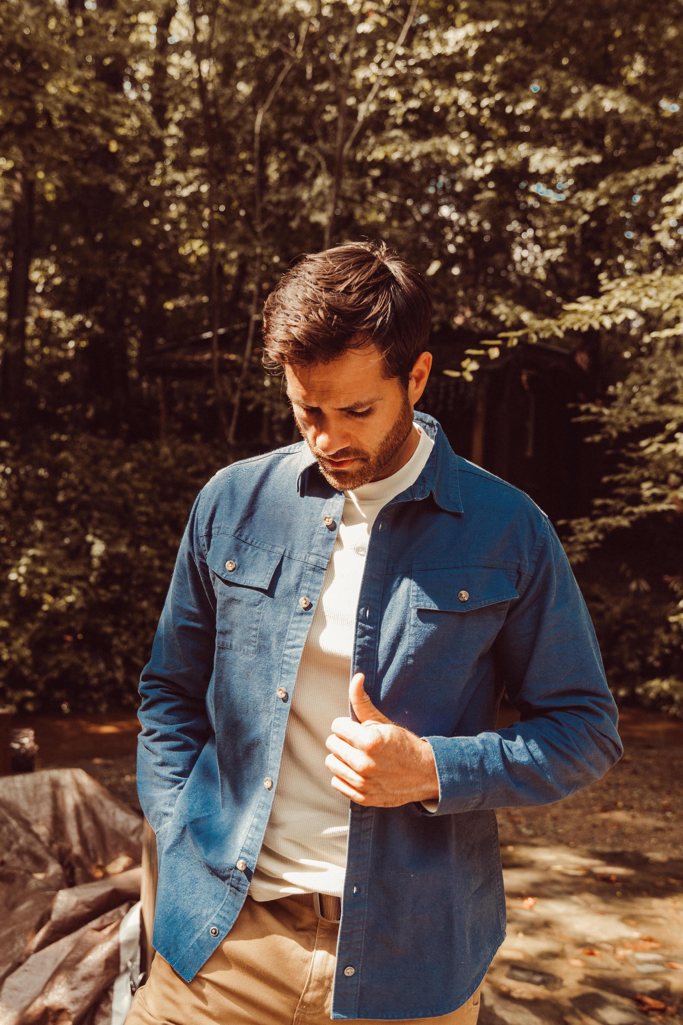 Man wearing Hamilton Chamois Shirt standing outdoor